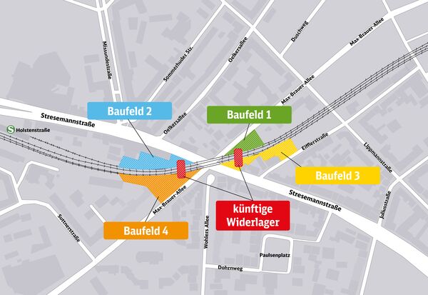 Lageplan der Baufelder für die Gründungsarbeiten an der Sternbrücke